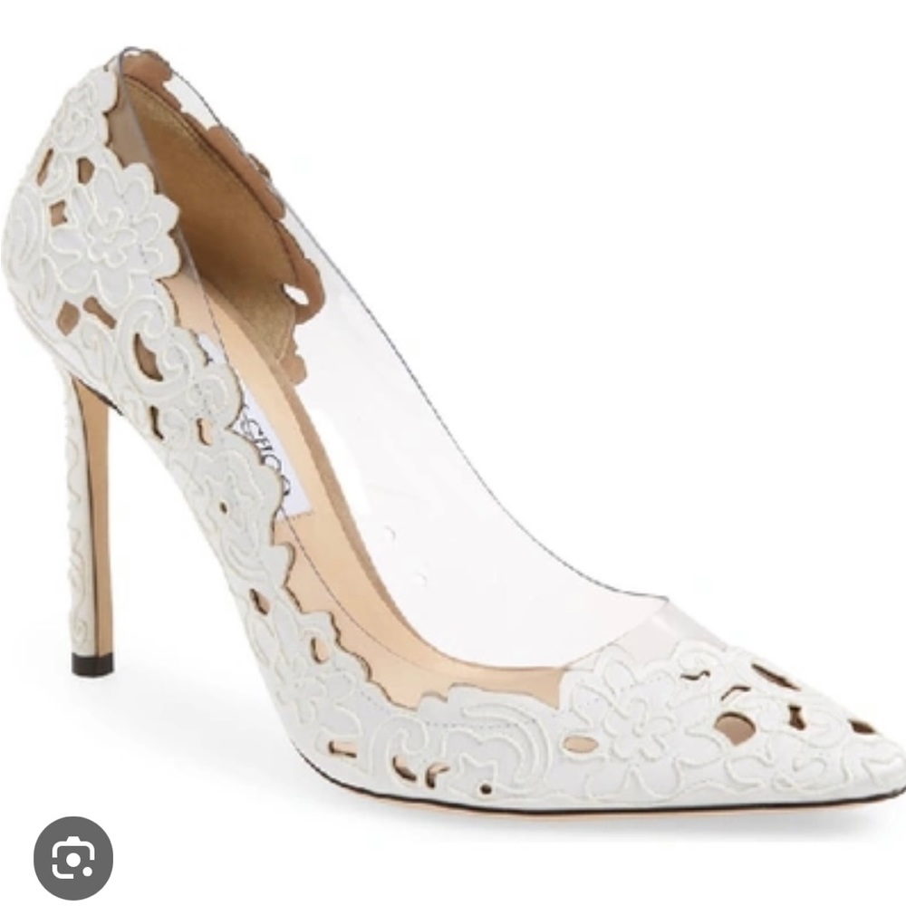 Jimmy Choo Romy 100 White And Clear Pointy Toe Pumps In Perforated Lace Fabric